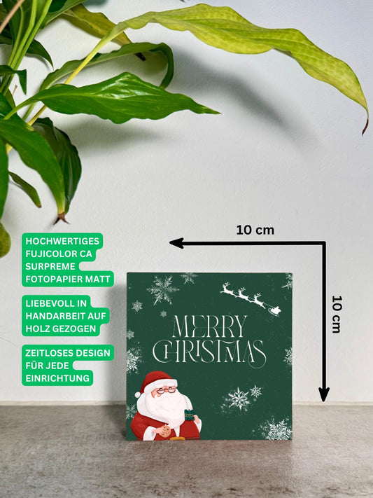 Merry Christmas Holzbild – 10x10 cm Mini Art Print – Weihnachtsmann Wanddeko– Weihnachtsdeko zum Hinstellen & Aufhängen