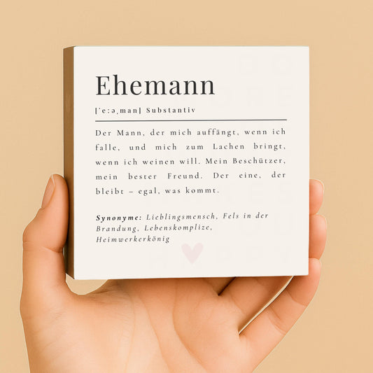 Ehemann Definition Holzbild – 10x10 cm Mini Art Print – Typografie Wanddeko zum Hinstellen & Aufhängen