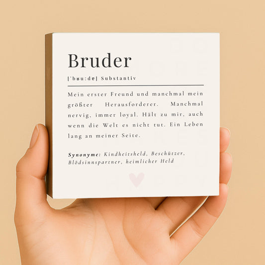 Bruder Definition Holzbild – 10x10 cm Mini Art Print – Typografie Geschenk zum Hinstellen & Aufhängen