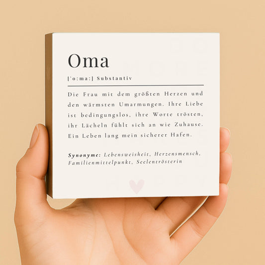 Oma Definition Holzbild – 10x10 cm Mini Art Print – kleines Geschenk zum Hinstellen & Aufhängen