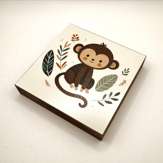 Affe-Bild fürs Kinderzimmer aus Holz | Süße Babyzimmer-Deko | Geschenk zur Geburt | Mini Art Print 10 × 10 cm