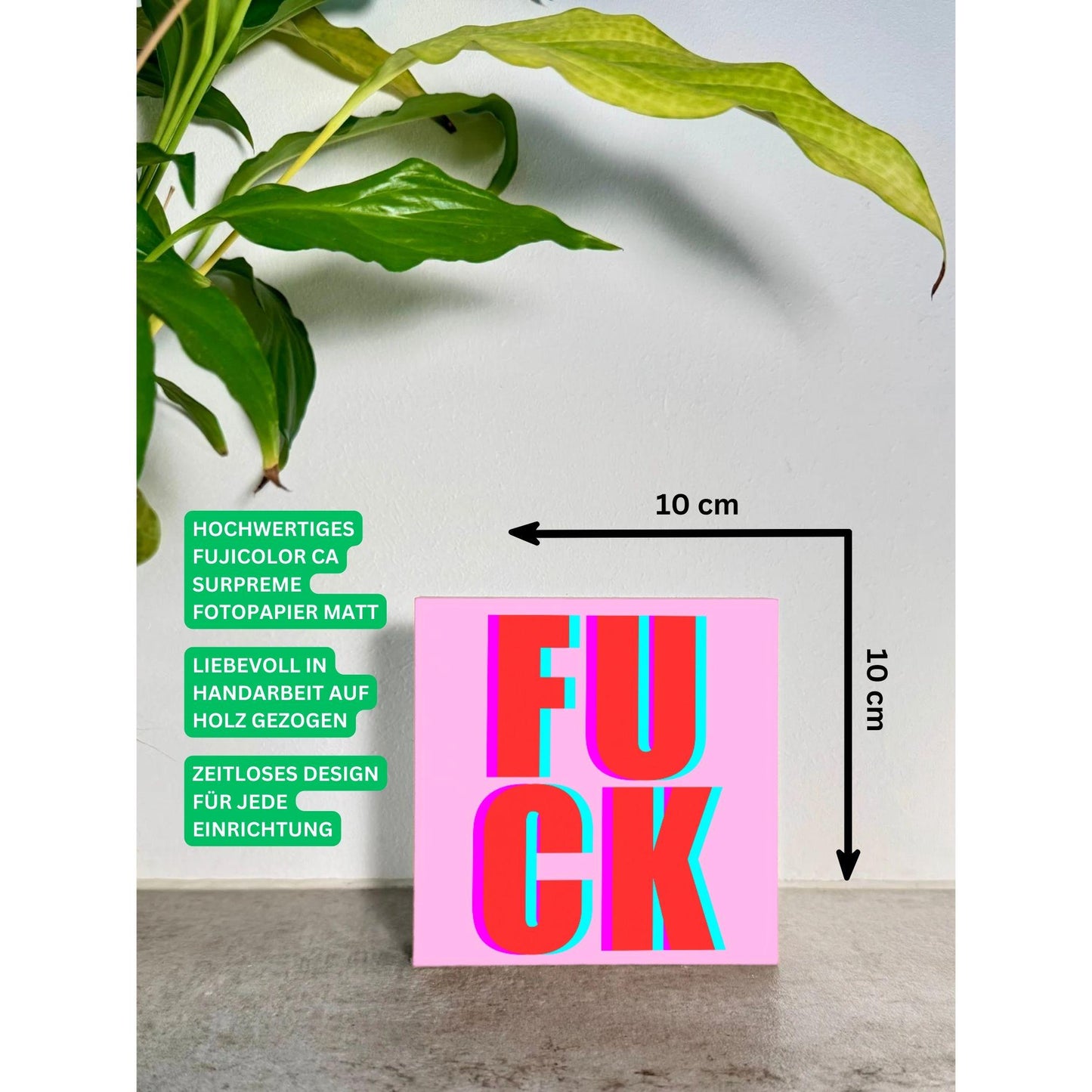 FUCK Holzbild – 10x10 cm Mini Art Print – Typografie Wanddeko zum Hinstellen & Aufhängen - lustige Geschenkidee - Holzbild mit Spruch
