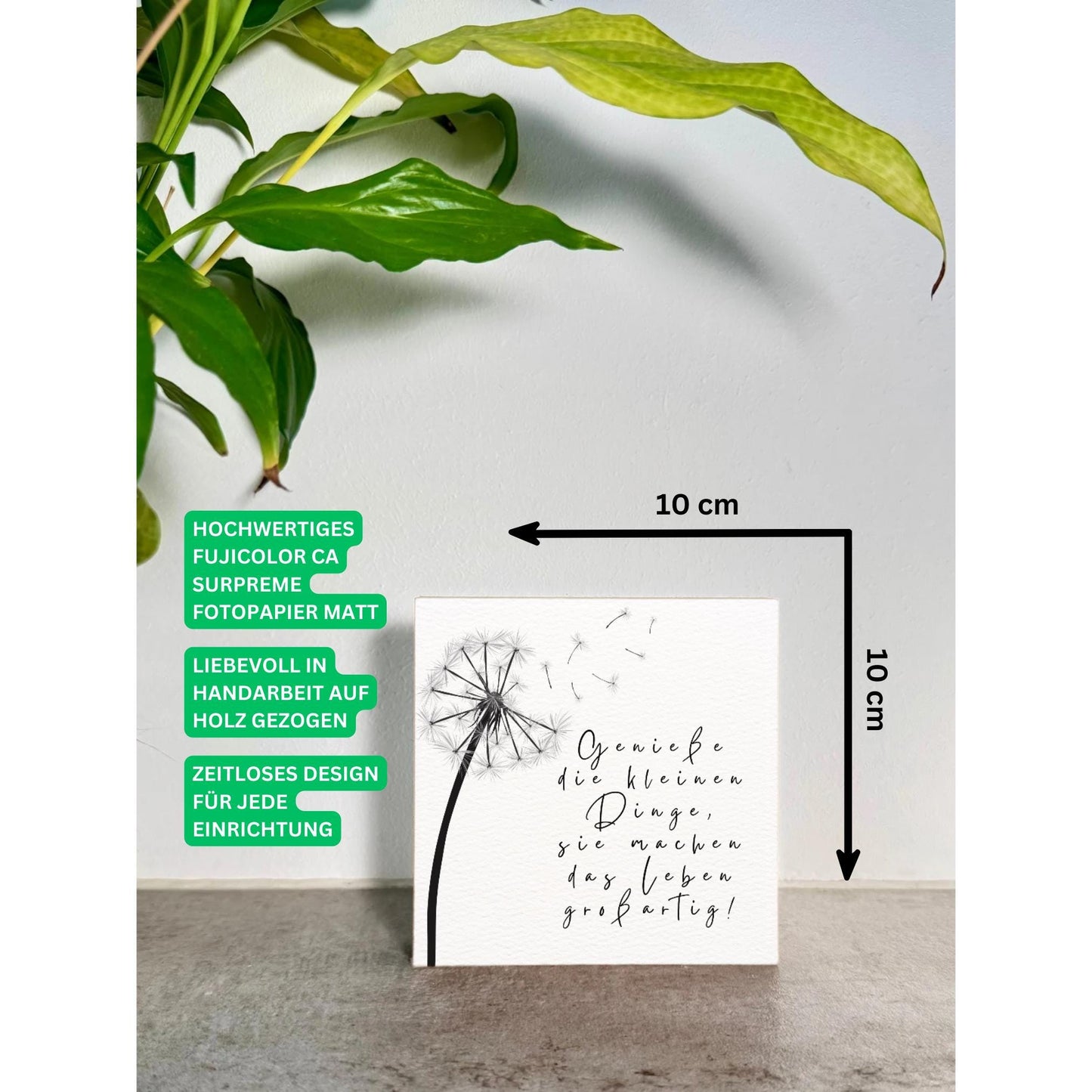 Genieße die kleinen Dinge – 10x10 cm Mini Art Print – Typografie Wanddeko zum Hinstellen & Aufhängen