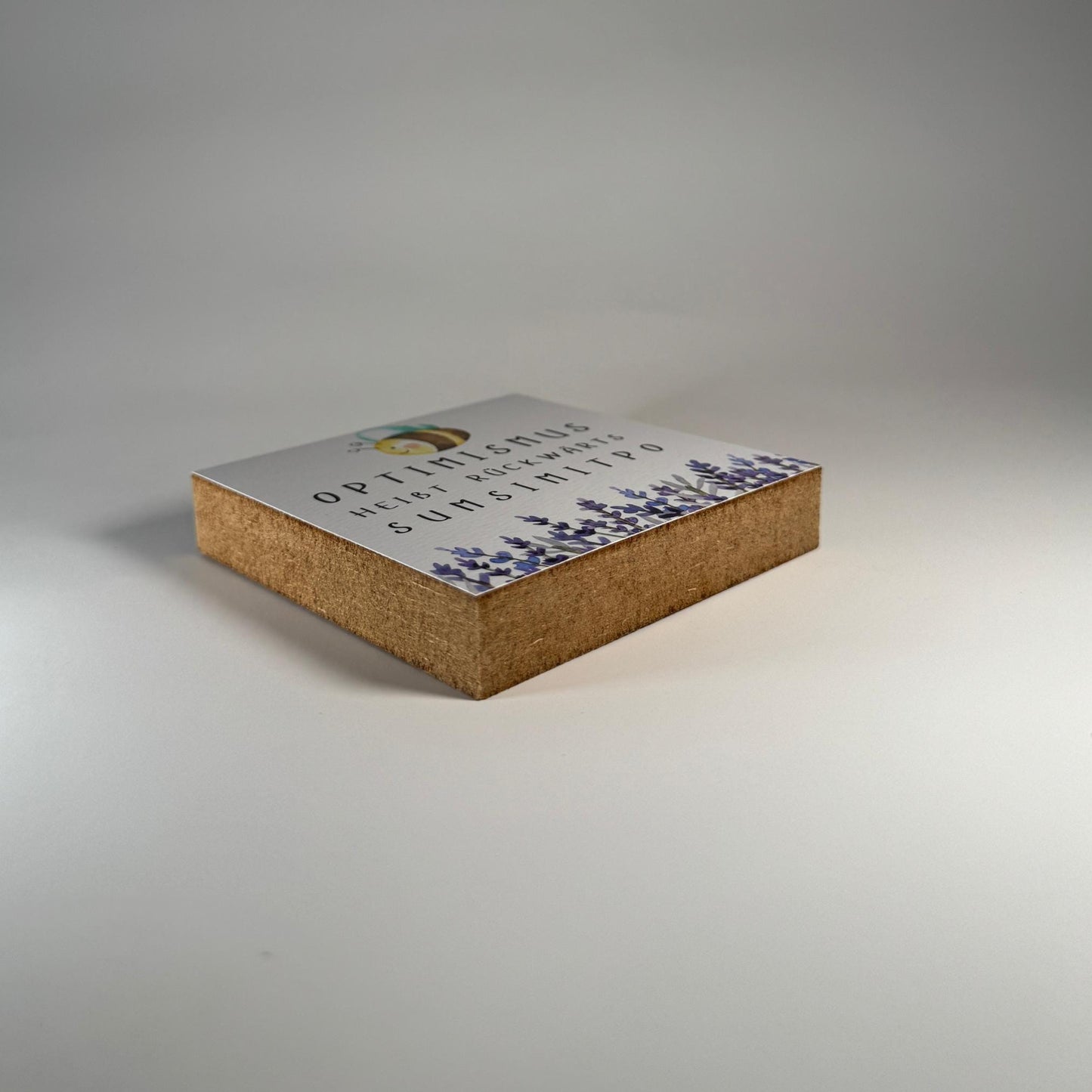 Holzschild mit lustigem Spruch "Optimismus - Sumsimitpo" Geschenkidee für Freundin Kollegin oder zur Deko 10x10x2 cm Holzbild Mini Art Print