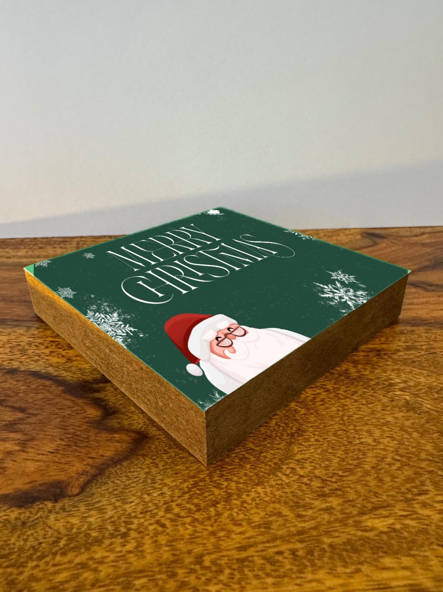 Merry Christmas Holzbild – 10x10 cm Mini Art Print – Weihnachtsmann Wanddeko– Weihnachtsdeko zum Hinstellen & Aufhängen