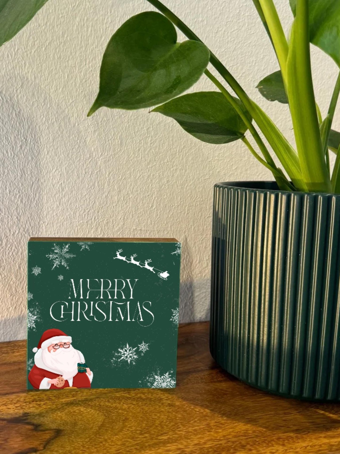 Merry Christmas Holzbild – 10x10 cm Mini Art Print – Weihnachtsmann Wanddeko– Weihnachtsdeko zum Hinstellen & Aufhängen