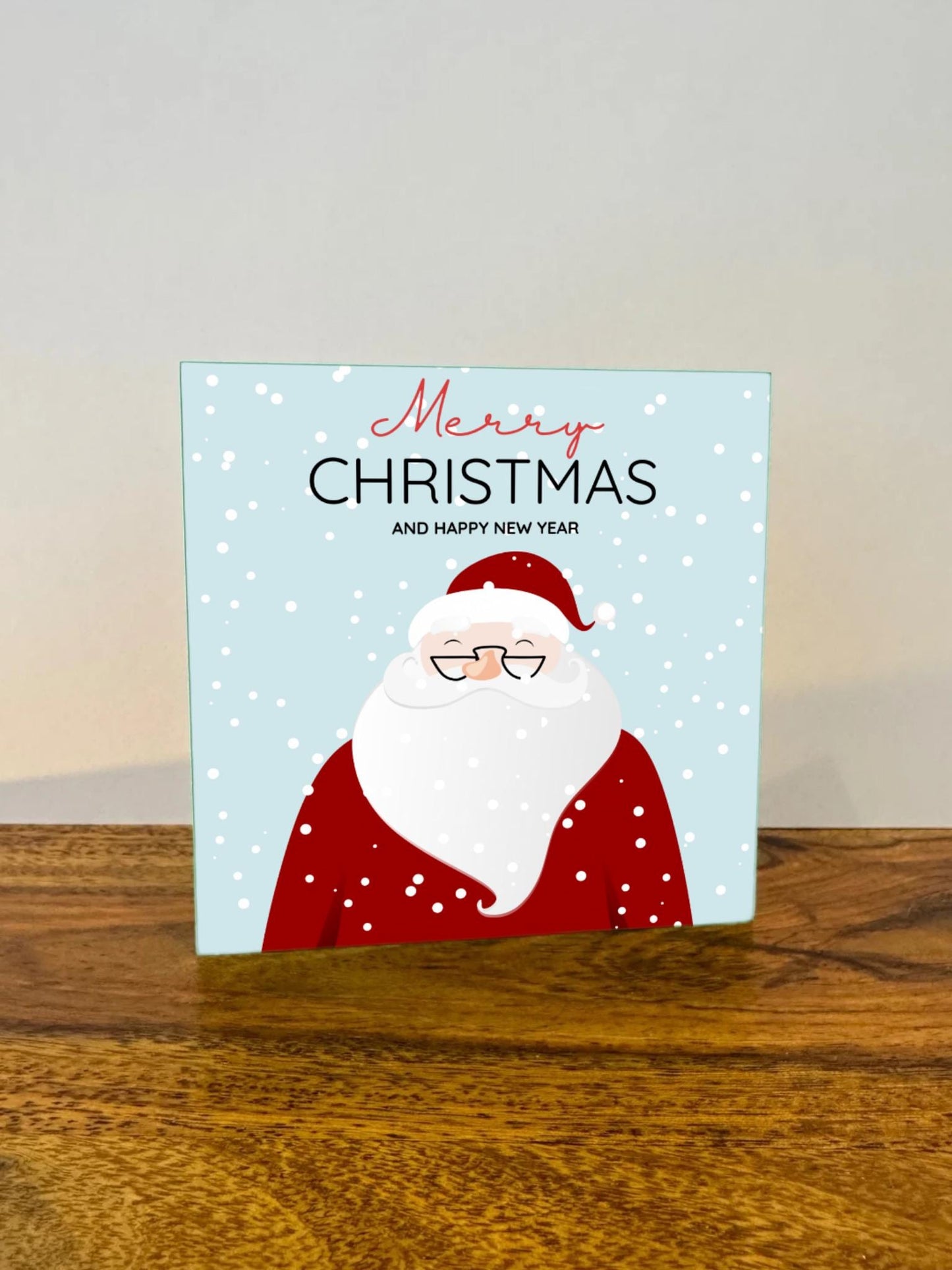 Merry Christmas Holzbild  – 10x10 cm Mini Art Print – Weihnachtsmann im Schnee Illustration – Weihnachtsdeko zum Hinstellen & Aufhängen