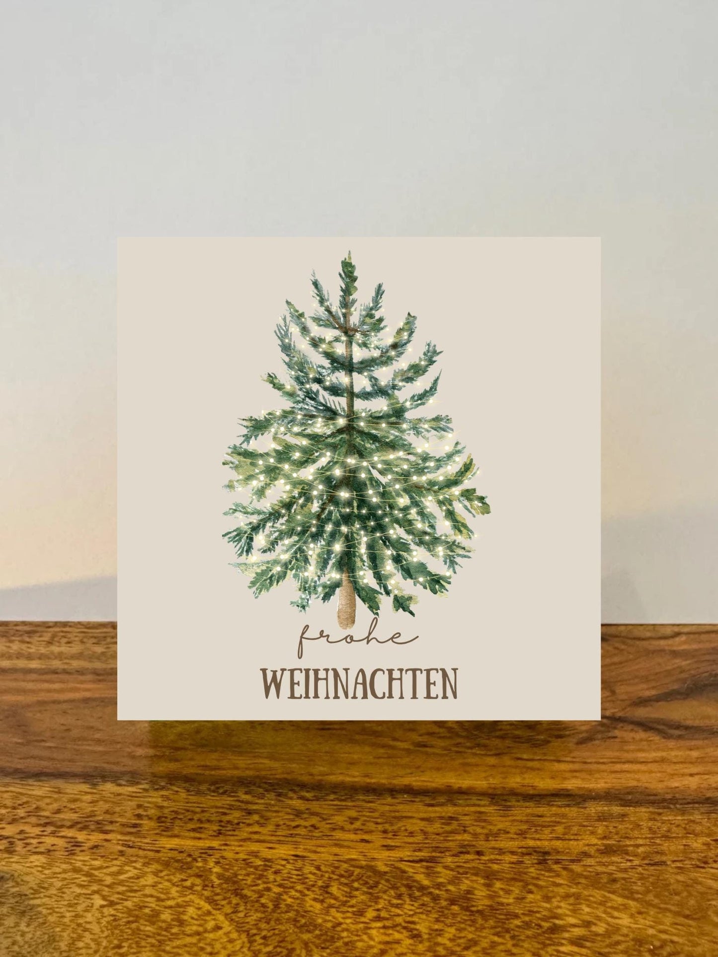 Frohe Weihnachten Holzbild  – 10x10 cm Mini Art Print – Weihnachtsbaum mit Lichterkette – Weihnachtsdeko zum Hinstellen & Aufhängen