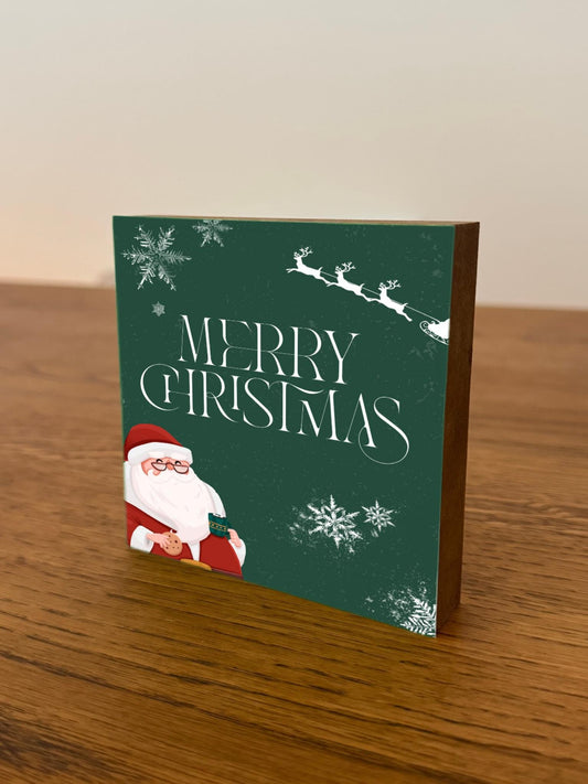 Merry Christmas Holzbild – 10x10 cm Mini Art Print – Weihnachtsmann Wanddeko– Weihnachtsdeko zum Hinstellen & Aufhängen