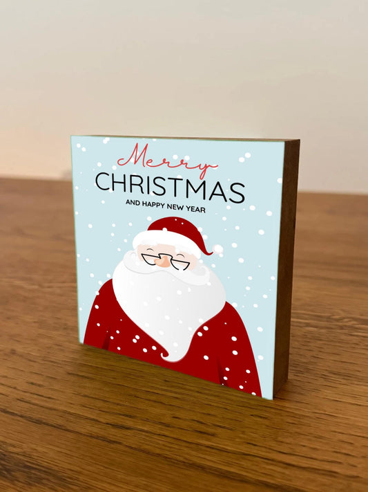Merry Christmas Holzbild  – 10x10 cm Mini Art Print – Weihnachtsmann im Schnee Illustration – Weihnachtsdeko zum Hinstellen & Aufhängen