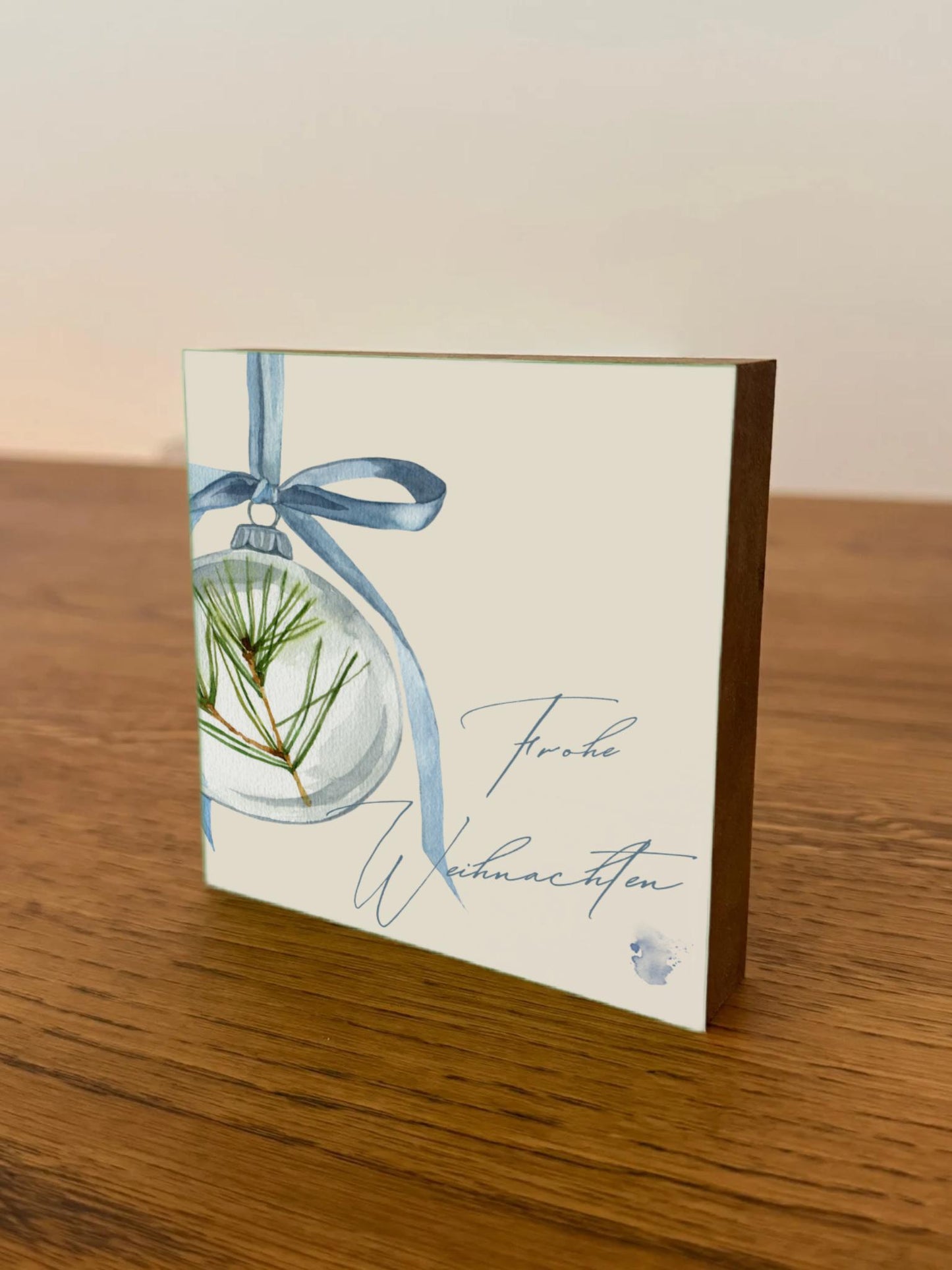 Frohe Weihnachten Holzbild  – 10x10 cm Mini Art Print – Weihnachtskugel – Weihnachtsdeko zum Hinstellen & Aufhängen