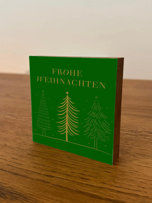 Frohe Weihnachten Holzbild  – 10x10 cm Mini Art Print – Moderne Weihnachtsbaum Illustration – Weihnachtsdeko zum Hinstellen & Aufhängen