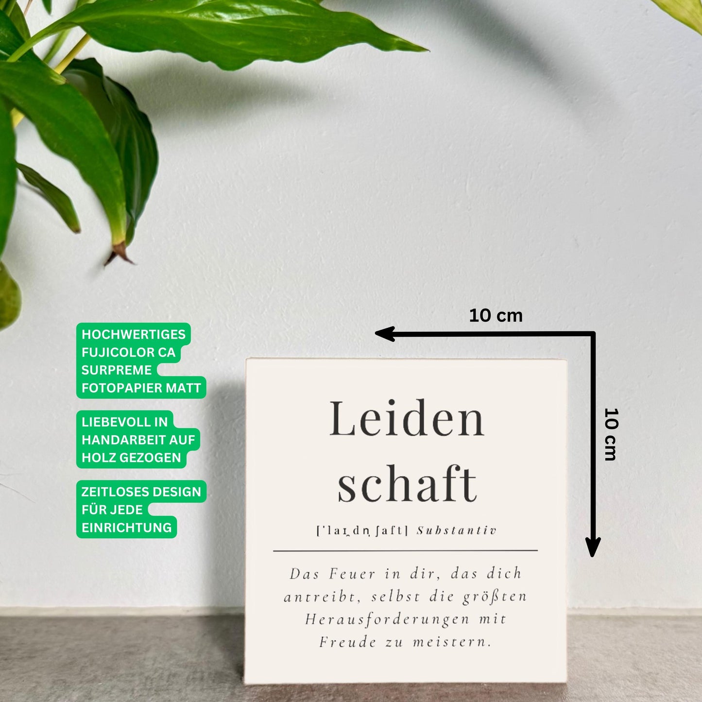 Leidenschaft Motivation Holzbild – 10x10 cm Mini Art Print – Typografie Definition Wanddeko zum Hinstellen & Aufhängen