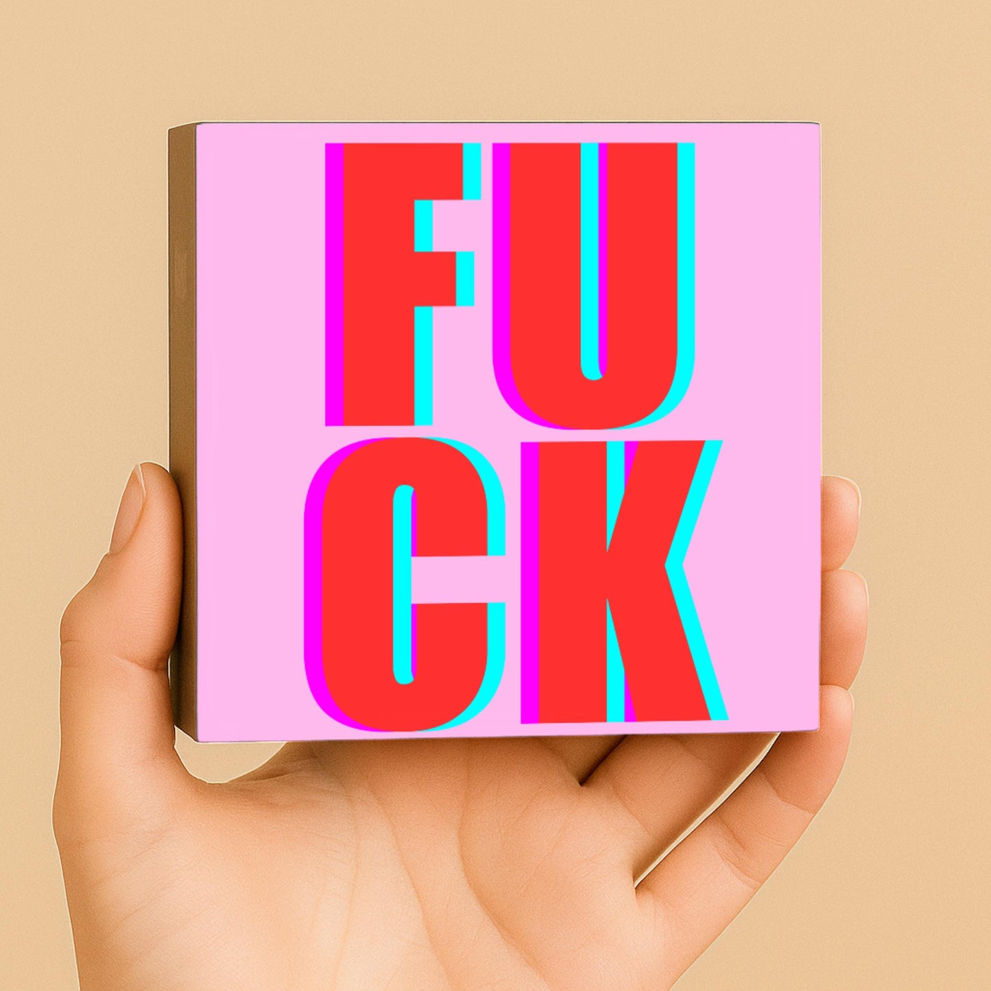 FUCK Holzbild – 10x10 cm Mini Art Print – Typografie Wanddeko zum Hinstellen & Aufhängen - lustige Geschenkidee - Holzbild mit Spruch