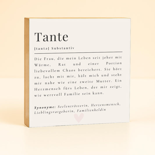 Tante Definition Holzschild – 10x10 cm Mini Art Print – Kleines Geschenk & moderne Typografie-Deko zum Hinstellen oder Aufhängen