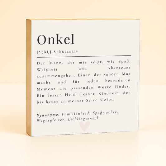 Onkel Definition Holzschild – 10x10 cm Mini Art Print – Kleines Geschenk & moderne Typografie-Deko zum Hinstellen oder Aufhängen