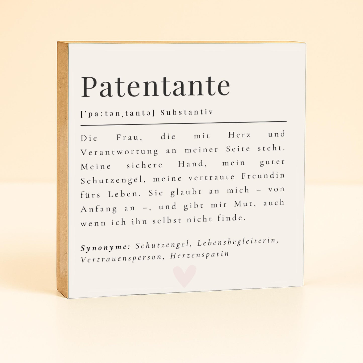 Patentante Definition Holzschild – 10x10 cm Mini Art Print – Kleines Geschenk & moderne Typografie-Deko zum Hinstellen oder Aufhängen