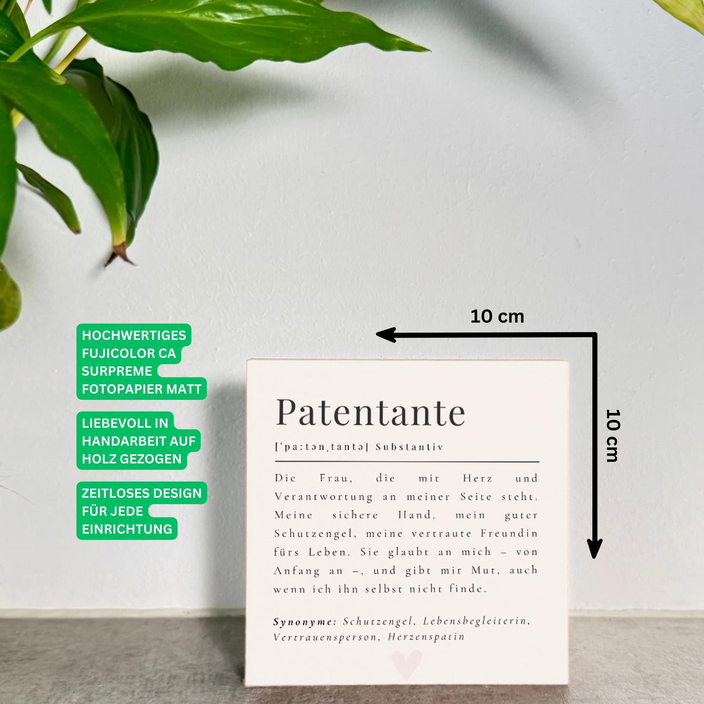 Patentante Definition Holzschild – 10x10 cm Mini Art Print – Kleines Geschenk & moderne Typografie-Deko zum Hinstellen oder Aufhängen