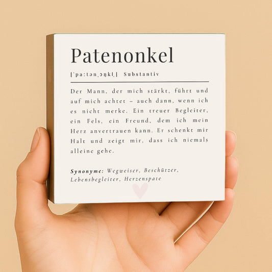 Patenonkel Definition Holzschild – 10x10 cm Mini Art Print – Kleines Geschenk & moderne Typografie-Deko zum Hinstellen oder Aufhängen