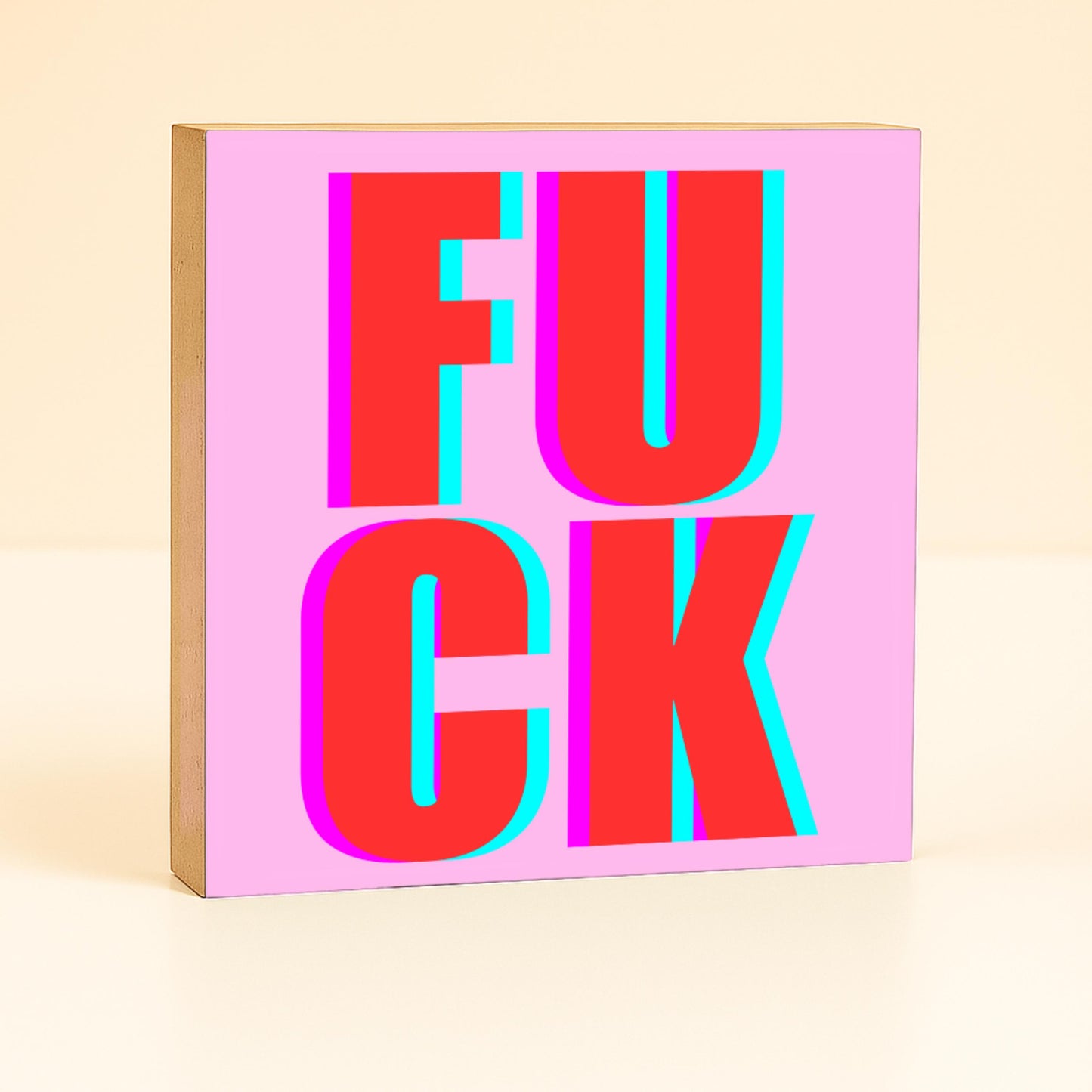 FUCK Holzbild – 10x10 cm Mini Art Print – Typografie Wanddeko zum Hinstellen & Aufhängen - lustige Geschenkidee - Holzbild mit Spruch