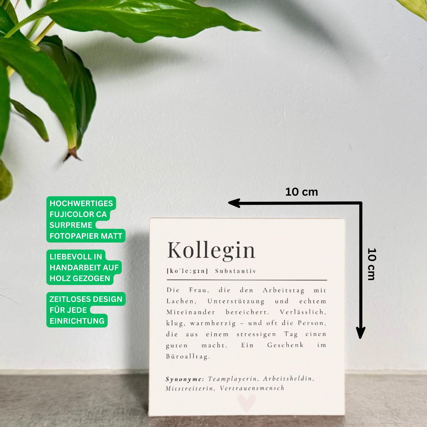 Kollegin Definition Holzschild – 10x10 cm Mini Art Print – Kleines Geschenk & moderne Typografie-Deko zum Hinstellen oder Aufhängen