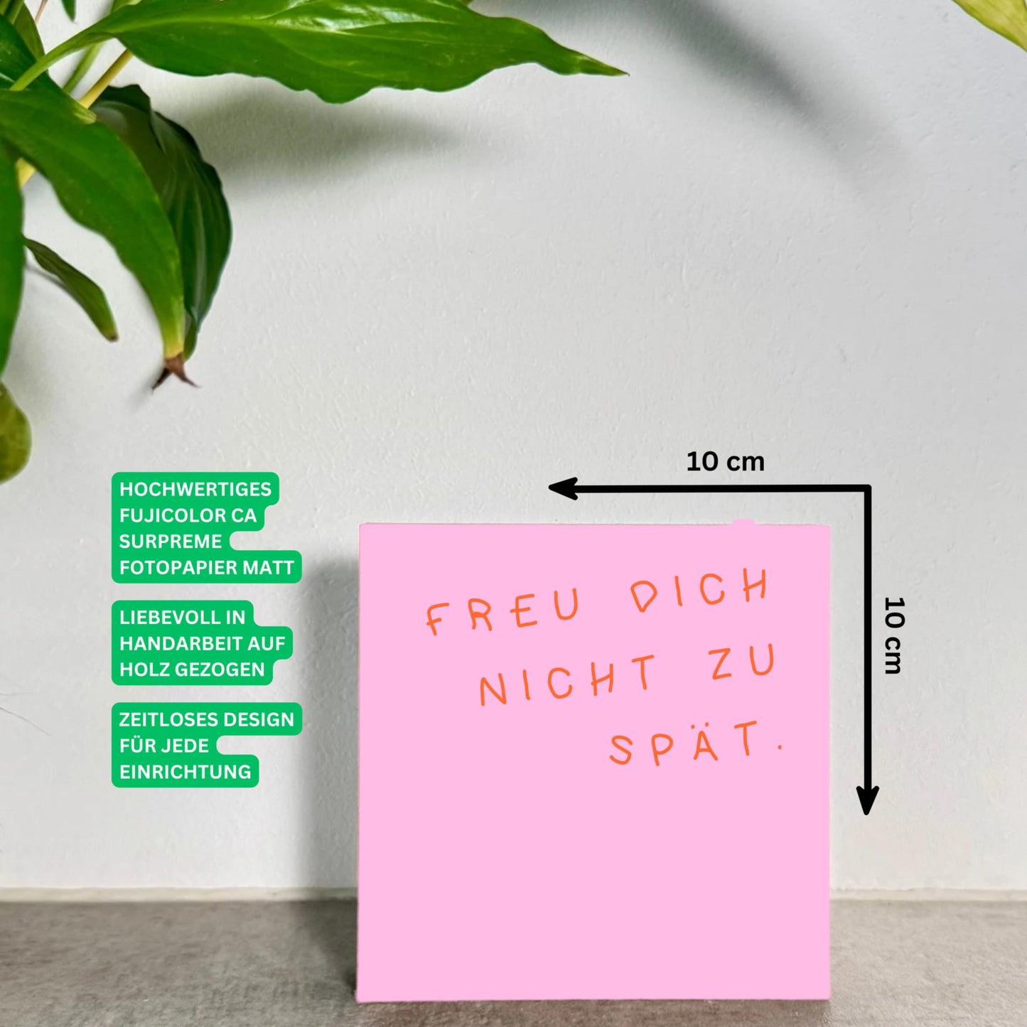Freu dich nicht zu spät - Spruch Holzschild – Mini Art Print 10x10 cm – kleines Geschenk – Mitbringsel zum Hinstellen oder Aufhägngen