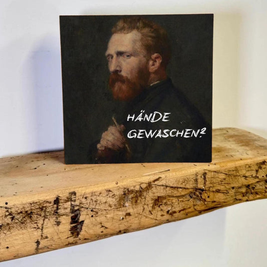 Hände gewaschen? Holzbild – 10x10 cm Mini Art Print – Holzschild mit Spruch - Wanddeko zum Hinstellen & Aufhängen
