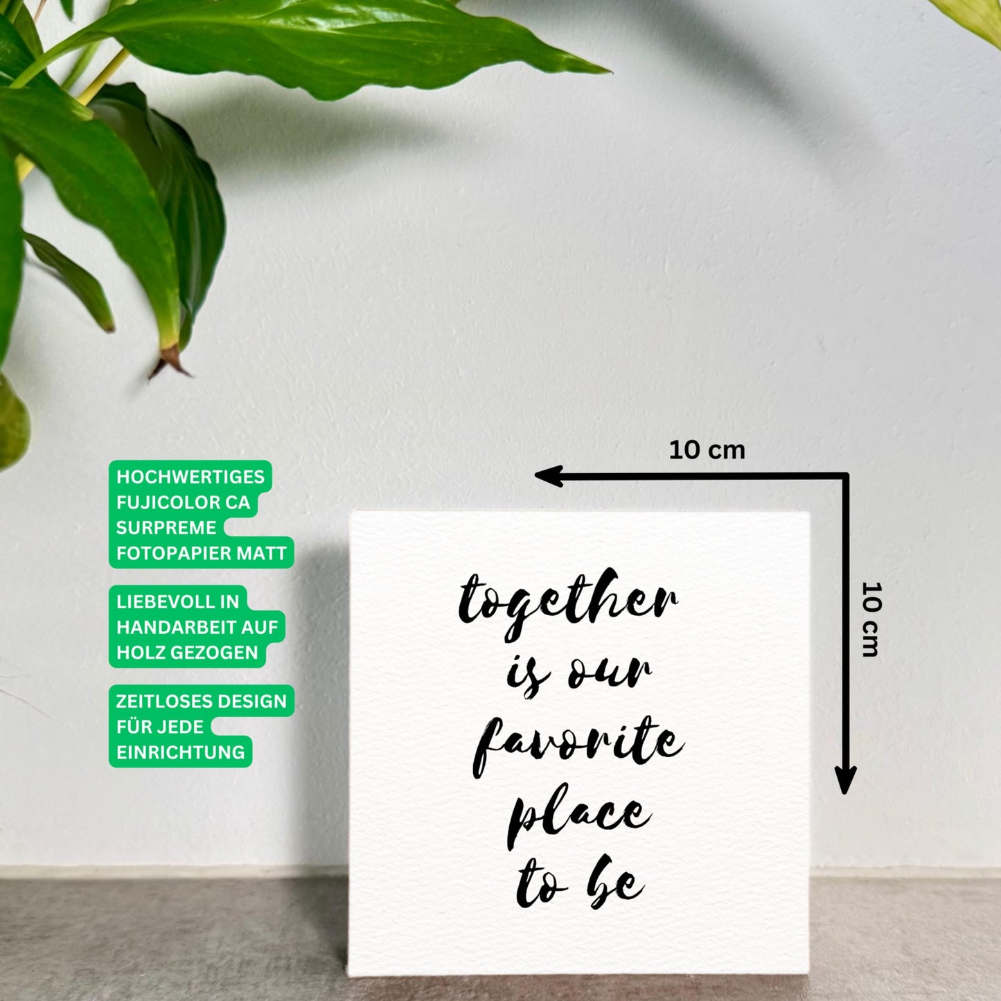 Together Holzbild – 10x10 cm Mini Art Print – Typografie Wanddeko zum Hinstellen & Aufhängen