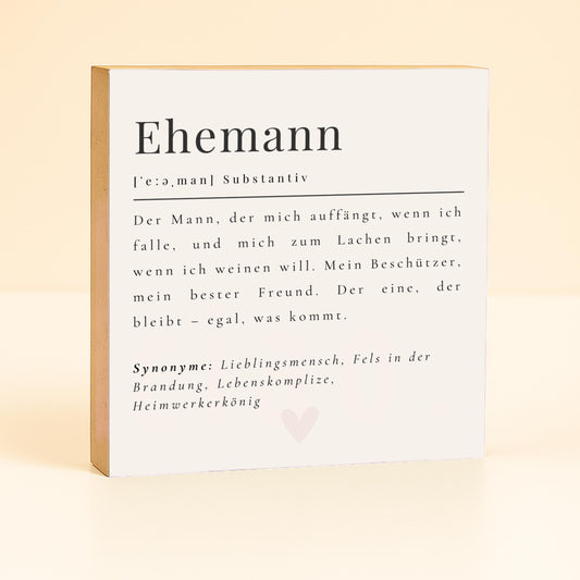 Ehemann Definition Holzbild – 10x10 cm Mini Art Print – Typografie Wanddeko zum Hinstellen & Aufhängen