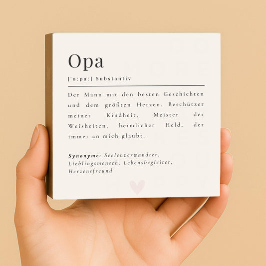 Opa Definition Holzbild – 10x10 cm Mini Art Print – Typografie Geschenk zum Hinstellen & Aufhängen