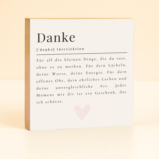 Danke Definition Holzbild – 10x10 cm Mini Art Print – kleines Geschenk zum Hinstellen & Aufhängen