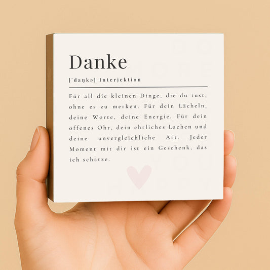Danke Definition Holzbild – 10x10 cm Mini Art Print – kleines Geschenk zum Hinstellen & Aufhängen