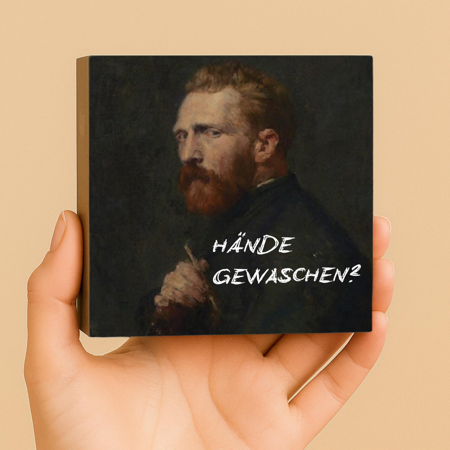 Hände gewaschen? Holzbild – 10x10 cm Mini Art Print – Holzschild mit Spruch - Wanddeko zum Hinstellen & Aufhängen