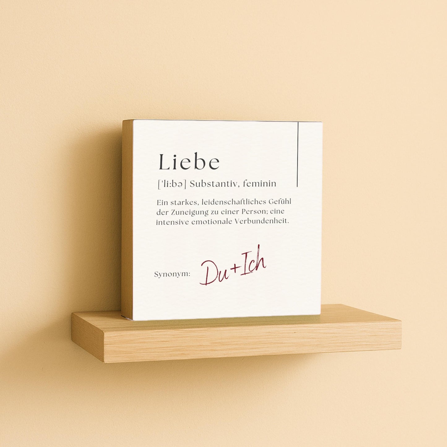Liebe Holzbild – 10x10 cm Mini Art Print – Definition „Liebe“ – Geschenk für Partner, Hochzeit & Valentinstag – Wanddeko zum Hinstellen