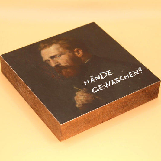 Hände gewaschen? Holzbild – 10x10 cm Mini Art Print – Holzschild mit Spruch - Wanddeko zum Hinstellen & Aufhängen