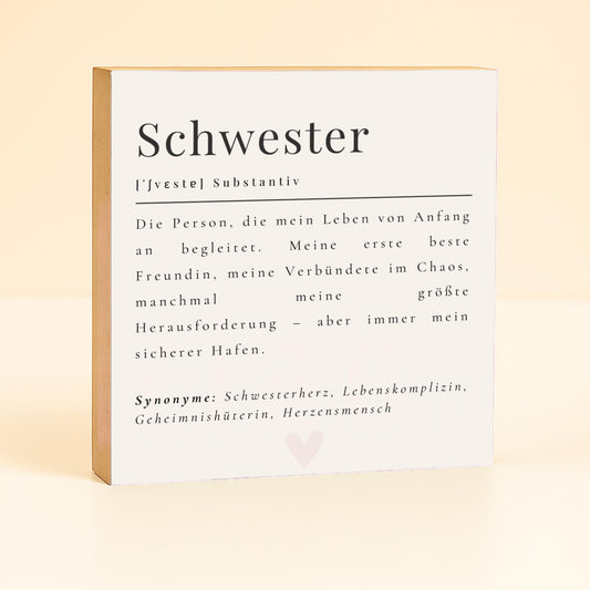 Schwester Definition Holzbild – 10x10 cm Mini Art Print – Typografie Wanddeko zum Hinstellen & Aufhängen