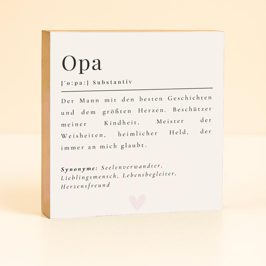 Opa Definition Holzbild – 10x10 cm Mini Art Print – Typografie Geschenk zum Hinstellen & Aufhängen
