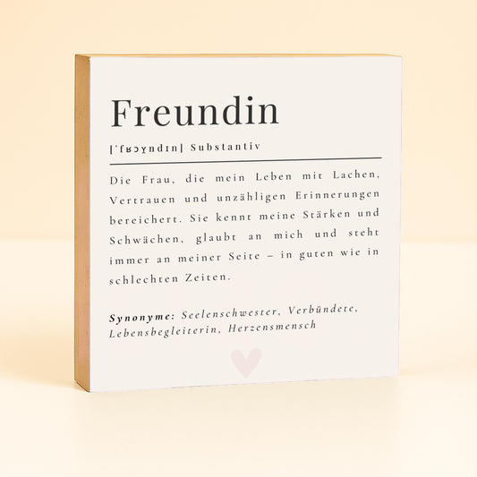 Freundin Definition Holzbild – 10x10 cm Mini Art Print – Typografie Geschenk zum Hinstellen & Aufhängen