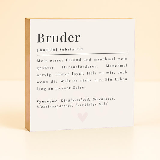 Bruder Definition Holzbild – 10x10 cm Mini Art Print – Typografie Geschenk zum Hinstellen & Aufhängen