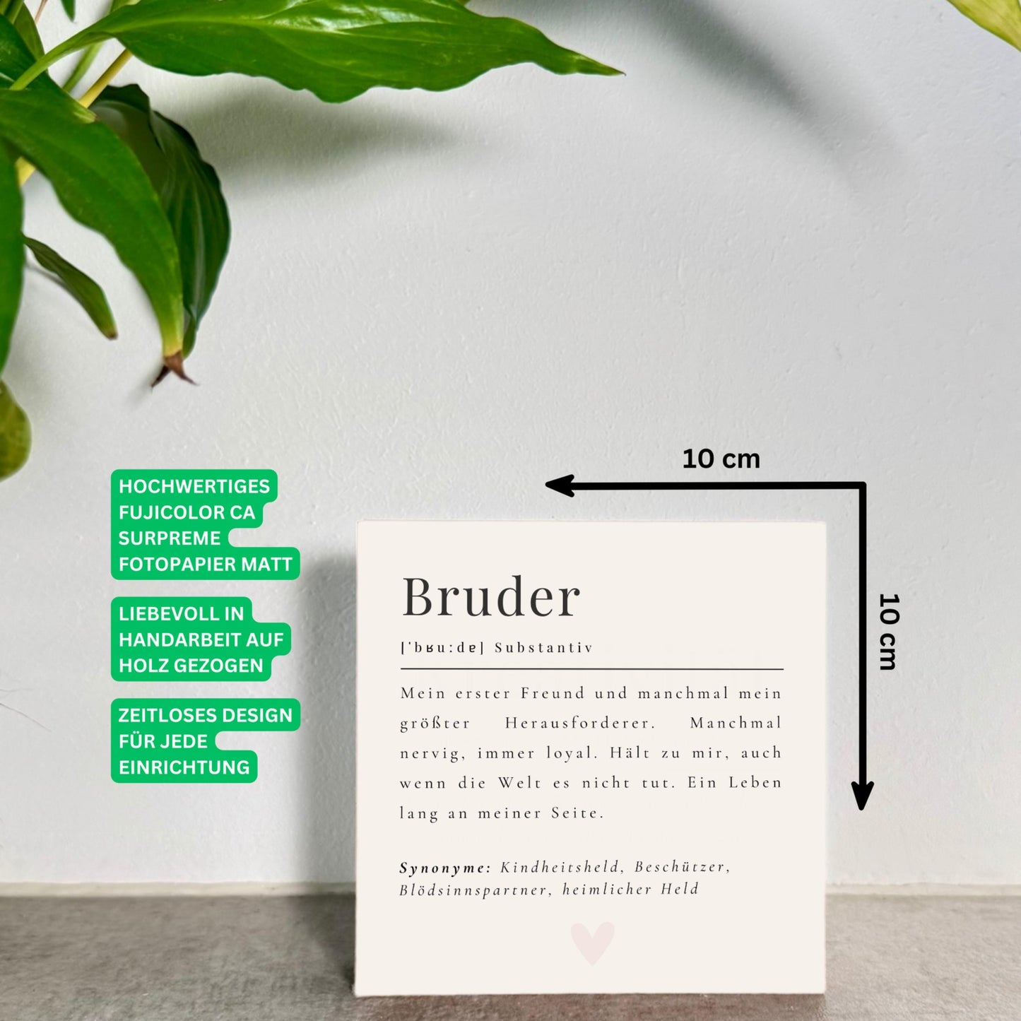 Bruder Definition Holzbild – 10x10 cm Mini Art Print – Typografie Geschenk zum Hinstellen & Aufhängen