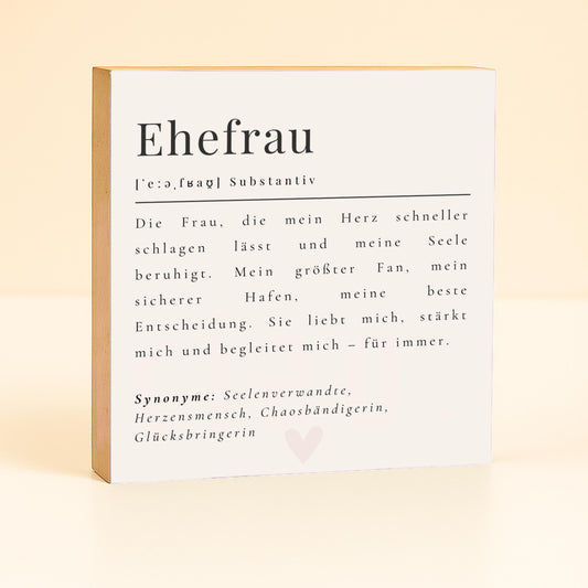 Ehefrau Definition Holzbild – 10x10 cm Mini Art Print – kleines Geschenk zum Hinstellen & Aufhängen