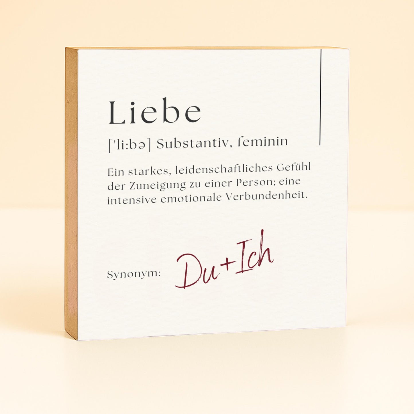 Liebe Holzbild – 10x10 cm Mini Art Print – Definition „Liebe“ – Geschenk für Partner, Hochzeit & Valentinstag – Wanddeko zum Hinstellen