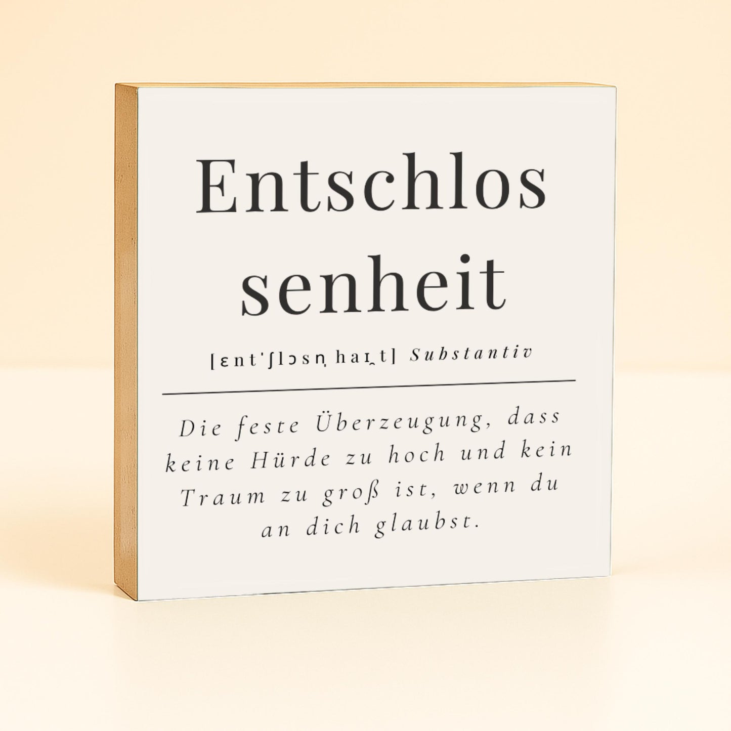 Entschlossenheit Holzbild – Motivation Geschenk – Mini Art Print 10x10 cm – Schreibtisch Deko Büro – Inspirierendes Zitat