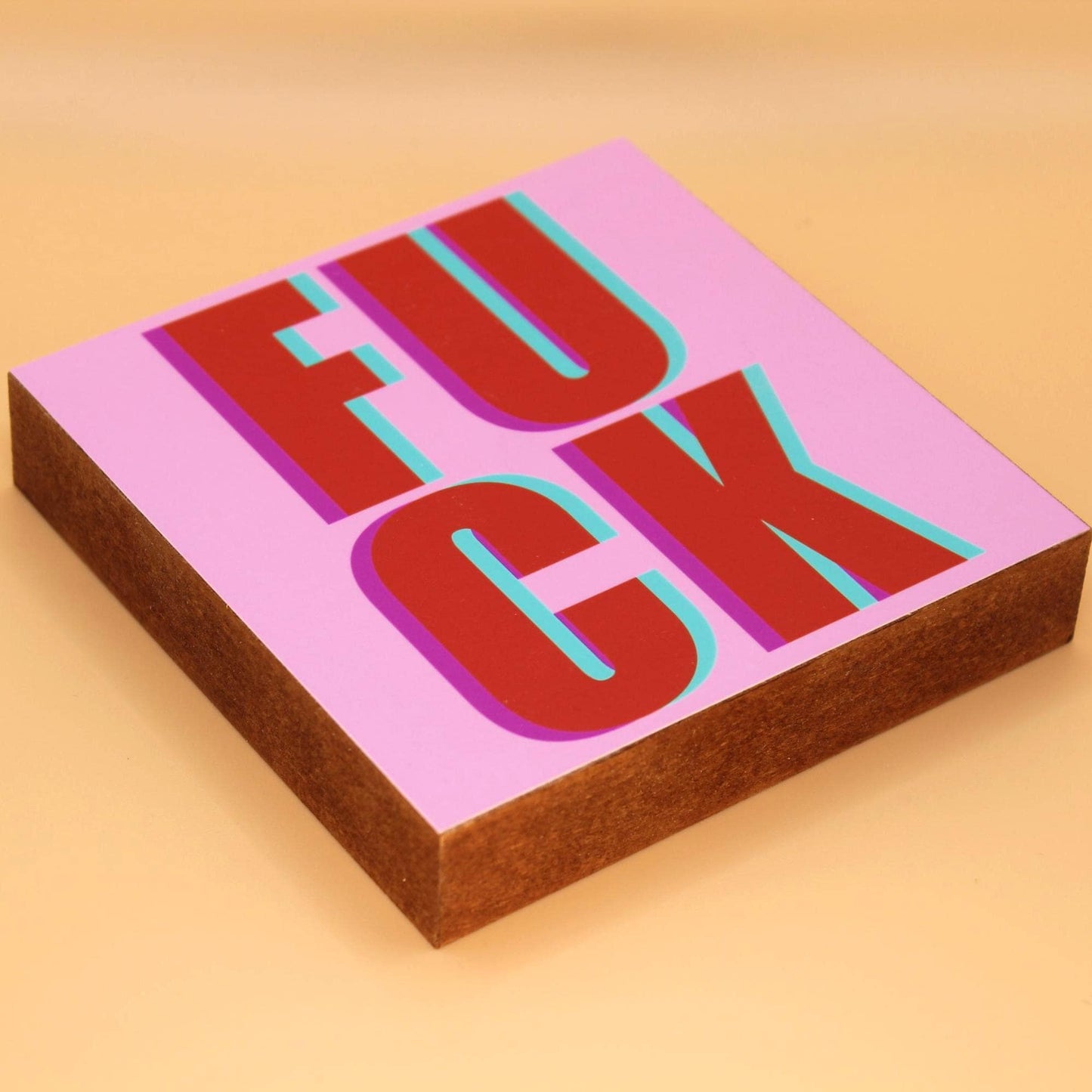 FUCK Holzbild – 10x10 cm Mini Art Print – Typografie Wanddeko zum Hinstellen & Aufhängen - lustige Geschenkidee - Holzbild mit Spruch