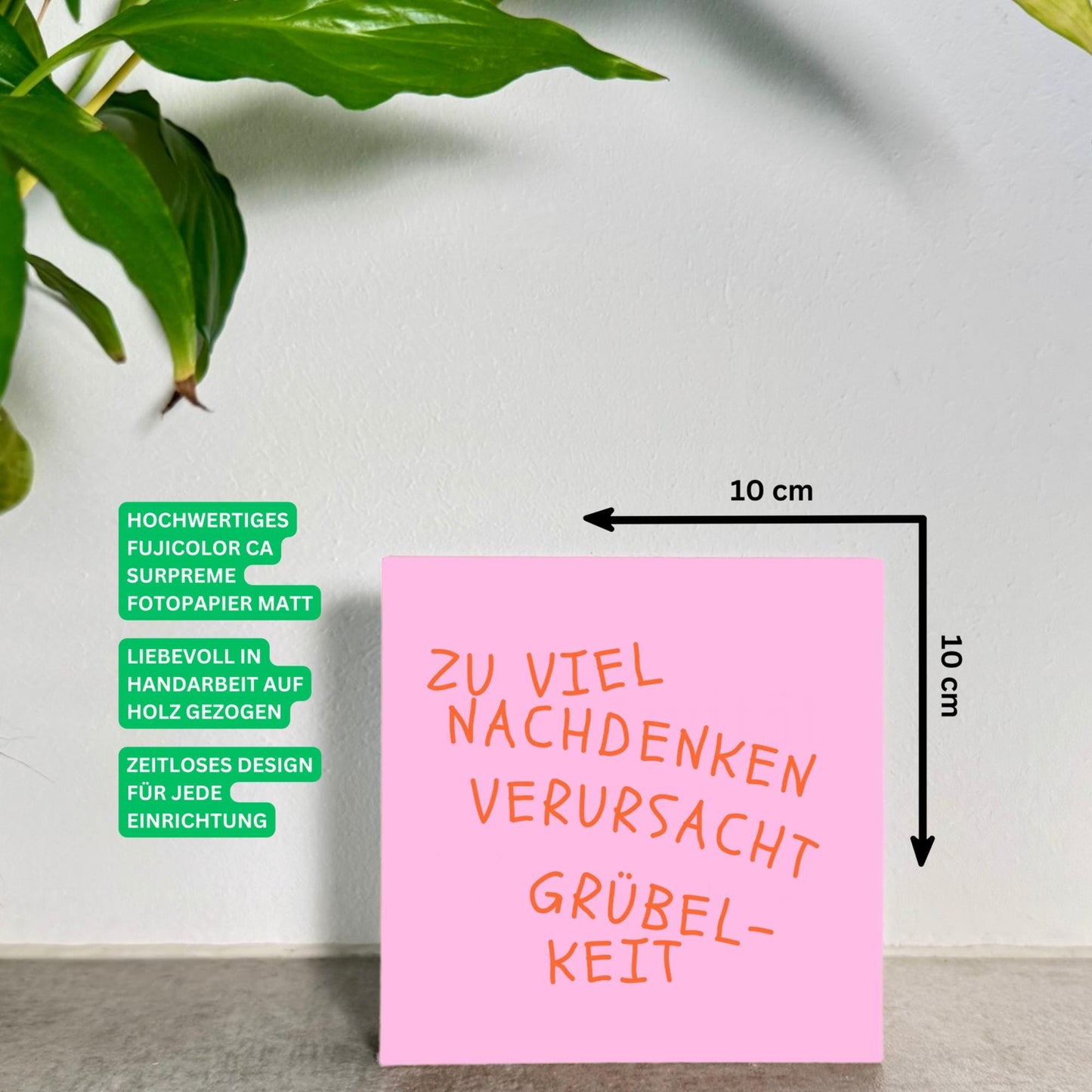 Zu viel Nachdenken verursacht Grübelkeit – lustiger Spruch Holzbild 10x10 – Geschenkidee für Freundin  Bild auf Holz kleine Deko Mitbringsel