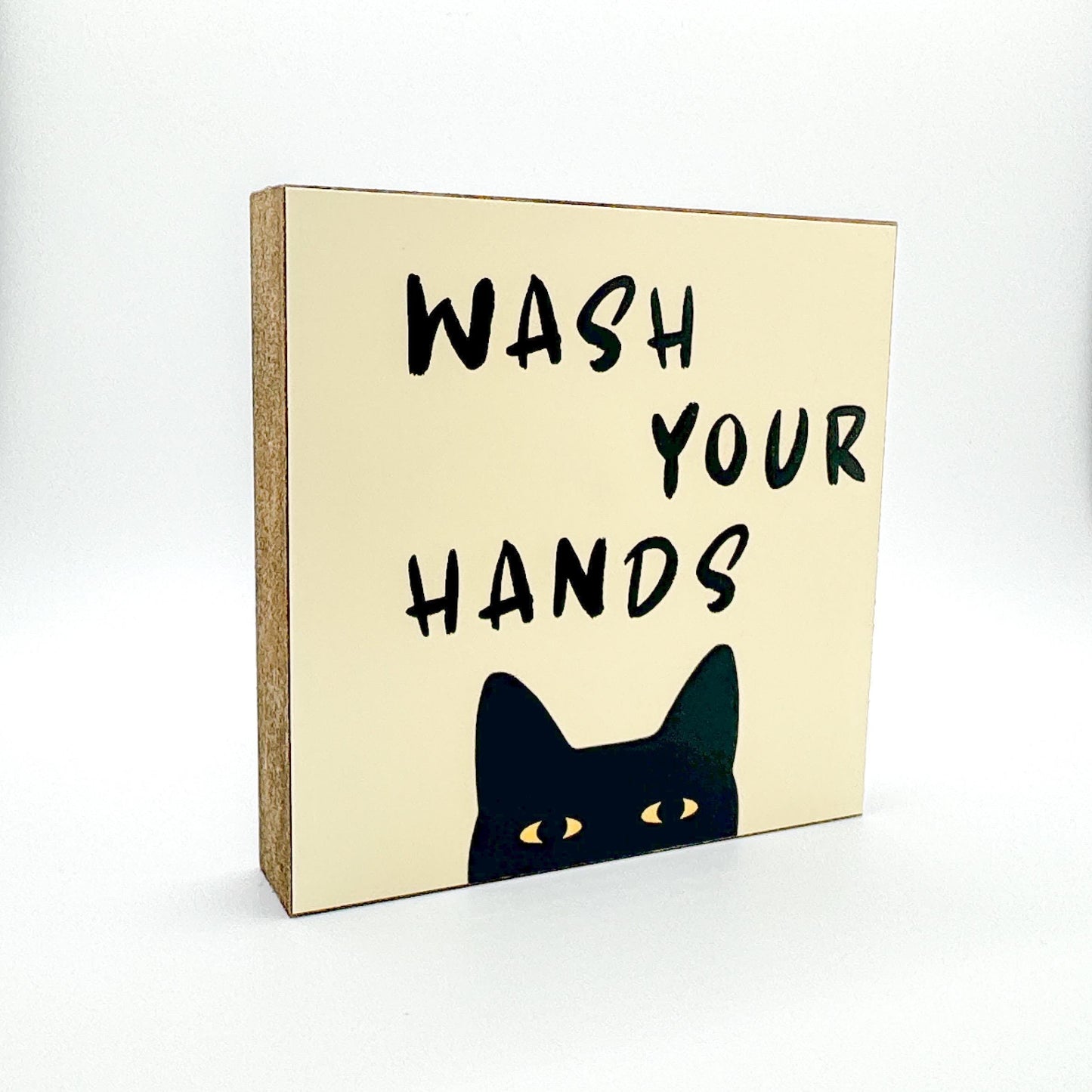 Wash your hands Katze – lustiger Spruch Holzbild 10x10 – Gäste WC Badezimmer Deko – Waschbecken Toilette Bild auf Holz