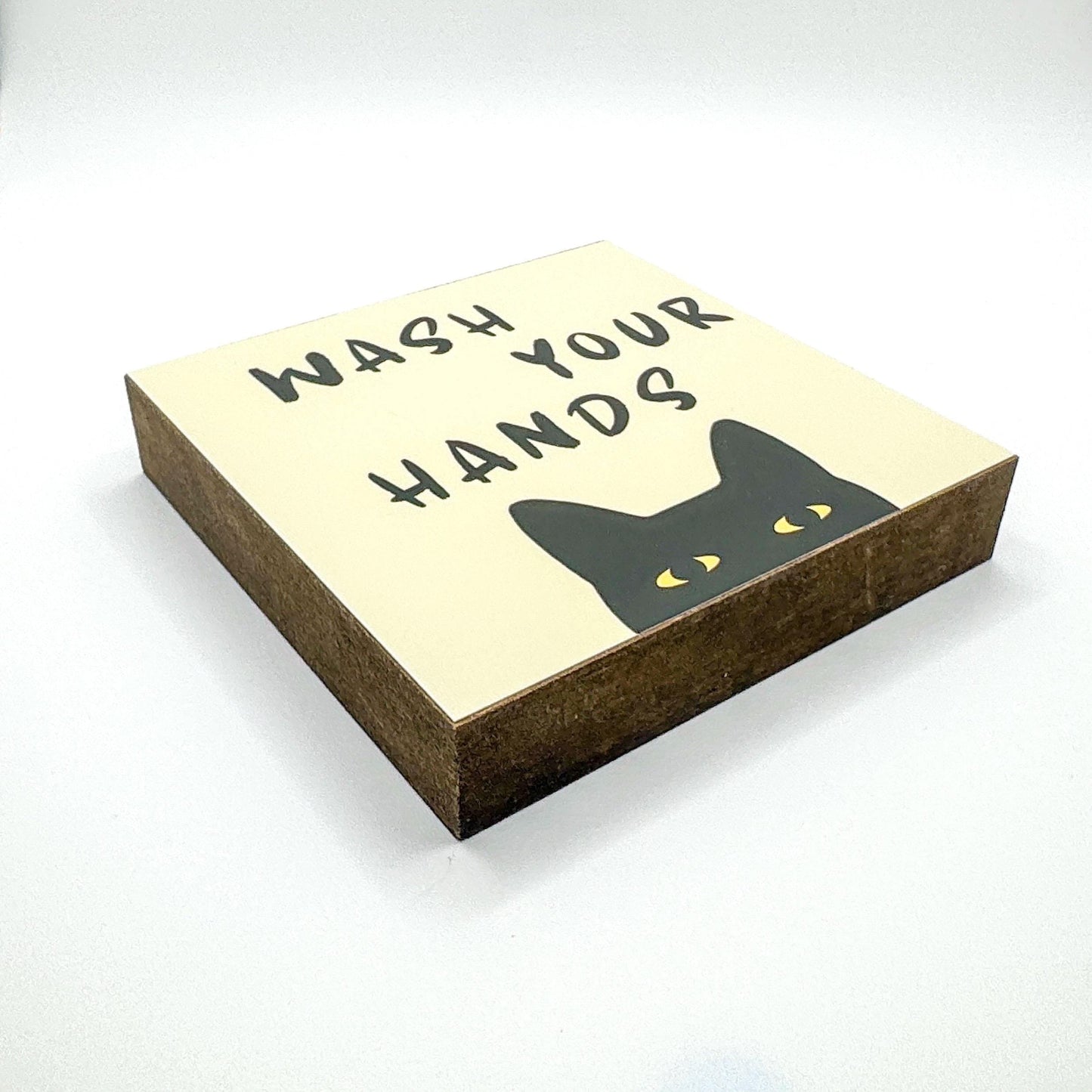 Wash your hands Katze – lustiger Spruch Holzbild 10x10 – Gäste WC Badezimmer Deko – Waschbecken Toilette Bild auf Holz