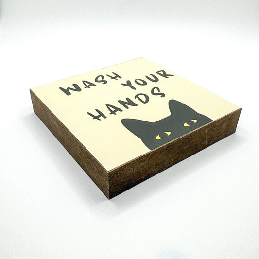 Wash your hands Katze – lustiger Spruch Holzbild 10x10 – Gäste WC Badezimmer Deko – Waschbecken Toilette Bild auf Holz