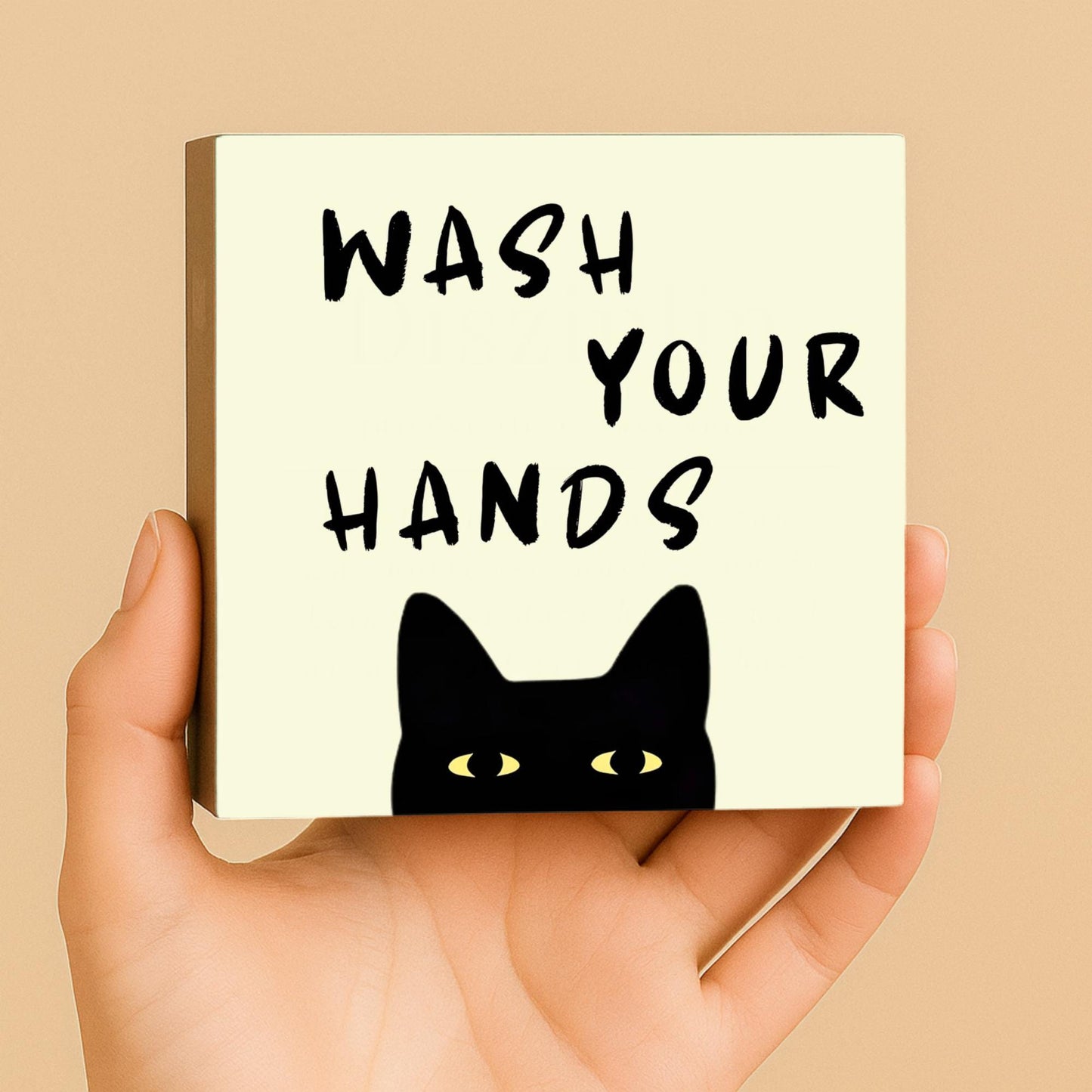 Wash your hands Katze – lustiger Spruch Holzbild 10x10 – Gäste WC Badezimmer Deko – Waschbecken Toilette Bild auf Holz