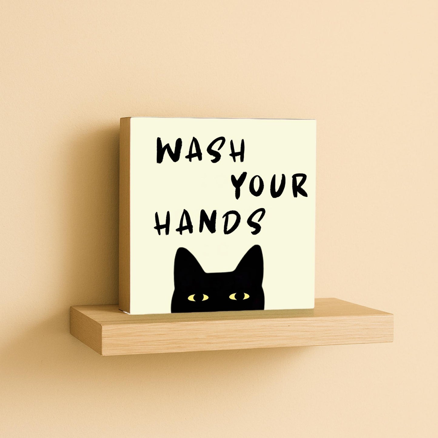 Wash your hands Katze – lustiger Spruch Holzbild 10x10 – Gäste WC Badezimmer Deko – Waschbecken Toilette Bild auf Holz